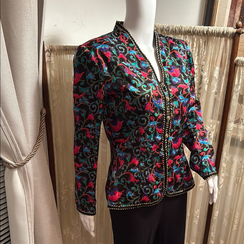 Adrianna Papell Black and Pink Floral Blazer100% SILK